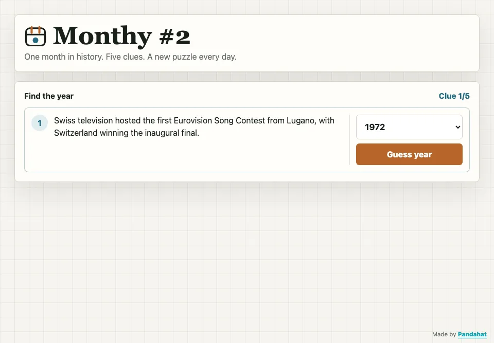 Monthy puzzle start screen showing the first clue, a year picker, and Guess year button.